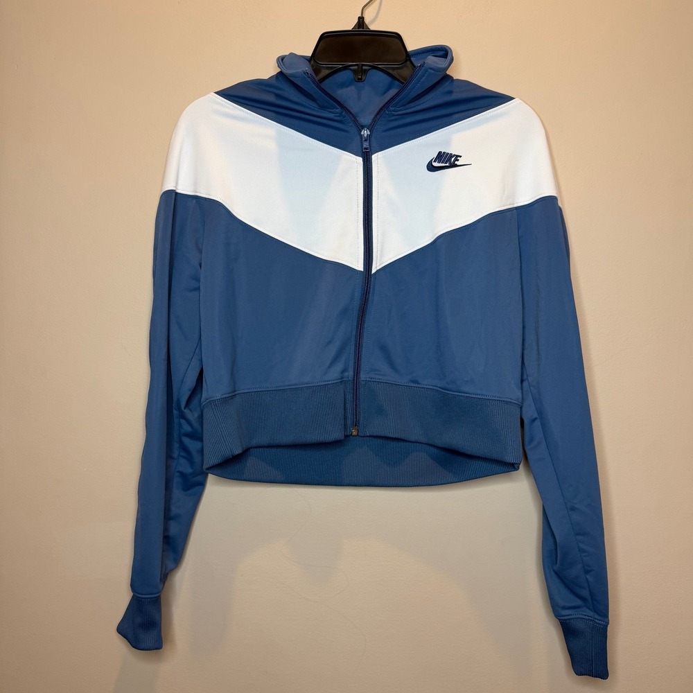 Nike Blue/White Chevron Cropped Tracksuit Jacket Full Zip Womens Size Medium M